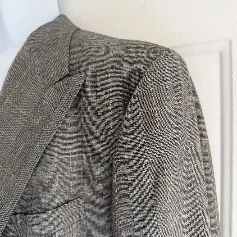 Vintage Alan Flusser Sport Coat Mens 44R Gray Glen Plaid Wool Tweed 80s Academia